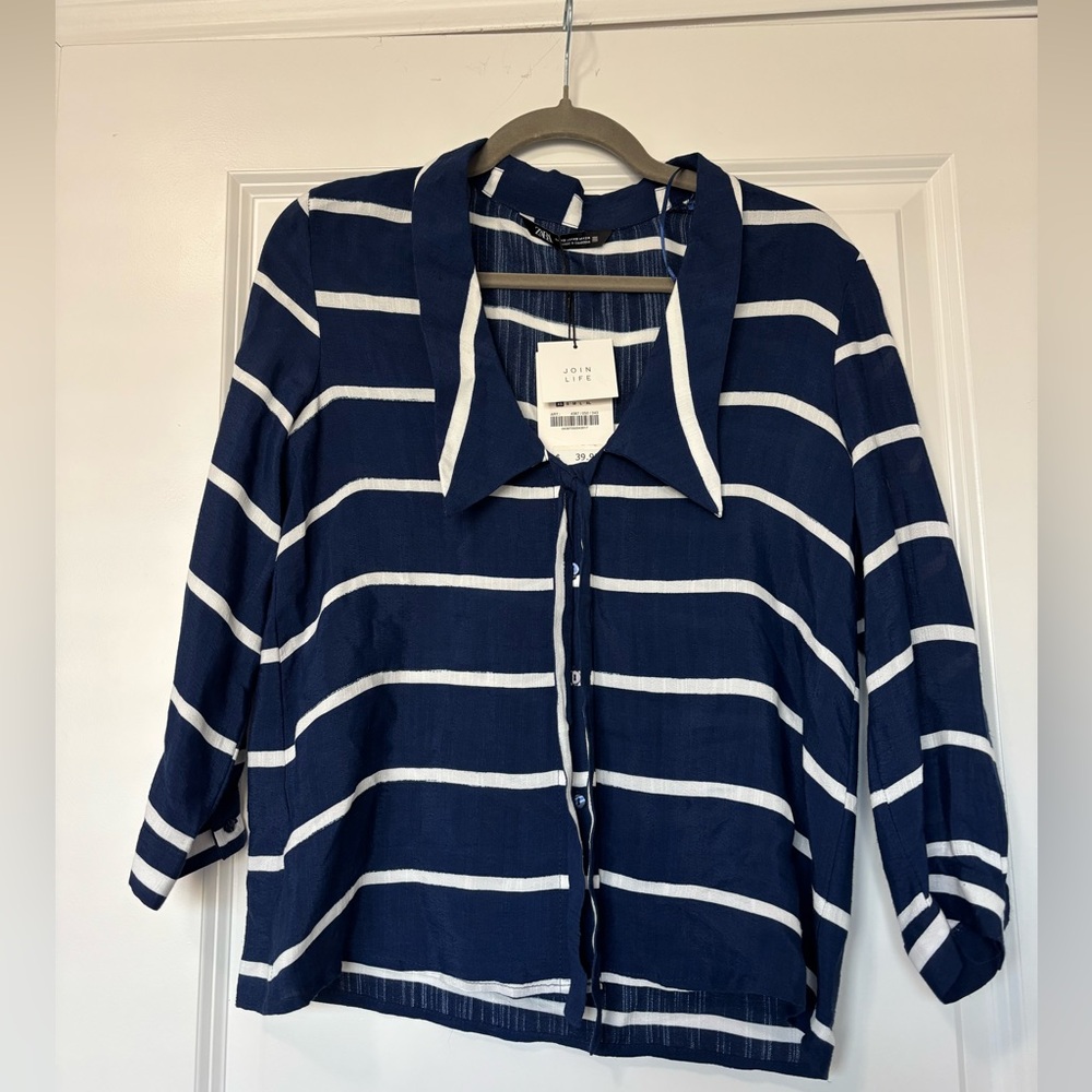 Zara Navy and White Striped Sailor Blouse NWT Size XS